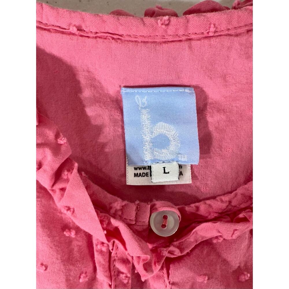 Bella Bliss Womens Top Size Large Pink Swiss Dot Ruffled Neck Sleeve Semi-sheer - Picture 5 of 9